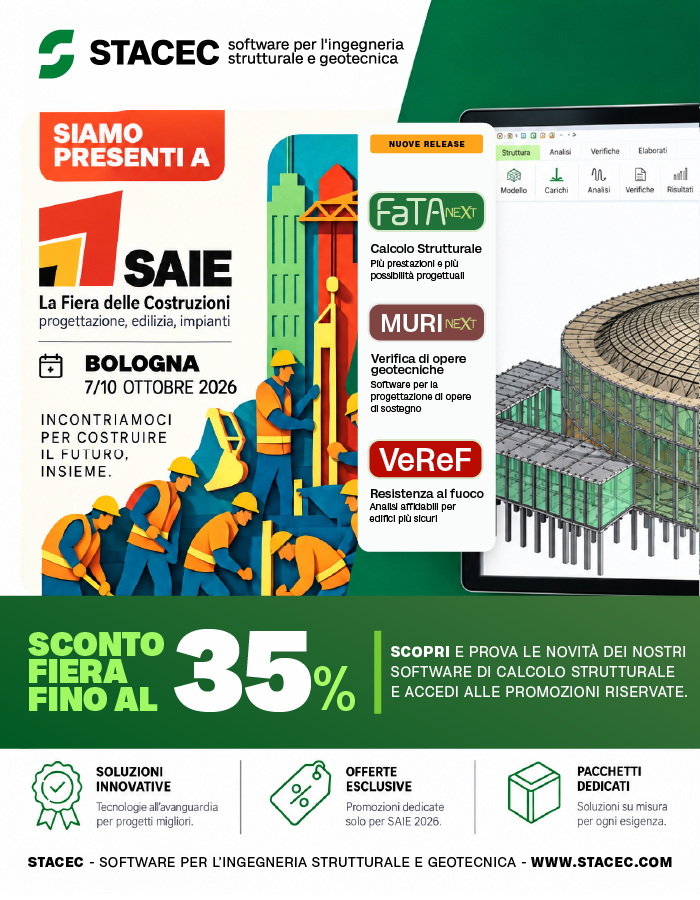 STACEC a SAIE Bologna, dal 7 al 10 ottobre 2026. Novità FaTA NEXT, MURI NEXT e VeReF, con sconti fiera fino al 35%.